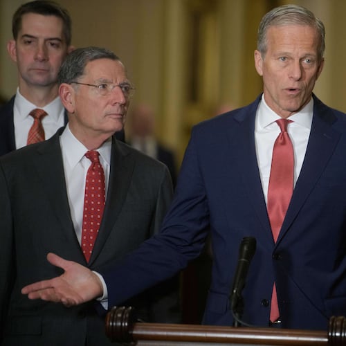 Senate Majority Leader John Thune, R-S.D., center, is joined by from left: Sen. Tom Cotton, R-Ark., Sen. John Barrasso, R-Wyo., Sen. James Lankford, R-Okla., and Sen. Shelley Moore Capito, R-W.Va., during the Senate Republican policy luncheon news conference at the Capitol, Tuesday, Dec. 2, 2025, in Washington. (AP Photo/Rod Lamkey, Jr.)