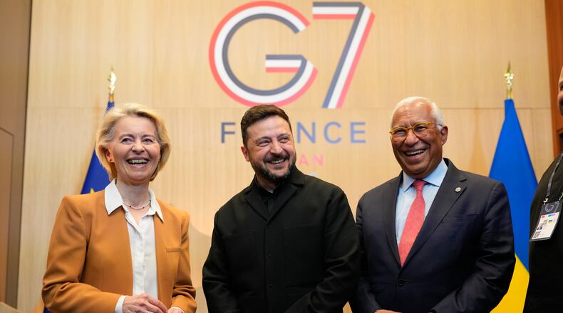Ukrainian President Volodymyr Zelenskyy meets with European Commission President Ursula von der Leyen and European Council President Antonio Costa at the G7 summit in Evian-les-Bains, France, Tuesday, June 16, 2026. (AP Photo/Vadim Ghirda)