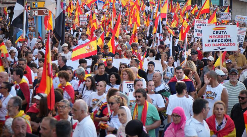 Protesters march in support of Ceuta to mark the city's anniversary in the Spanish exclave of Ceuta, Wednesday, Sept. 2, 2026. (AP Photo/Francis González)