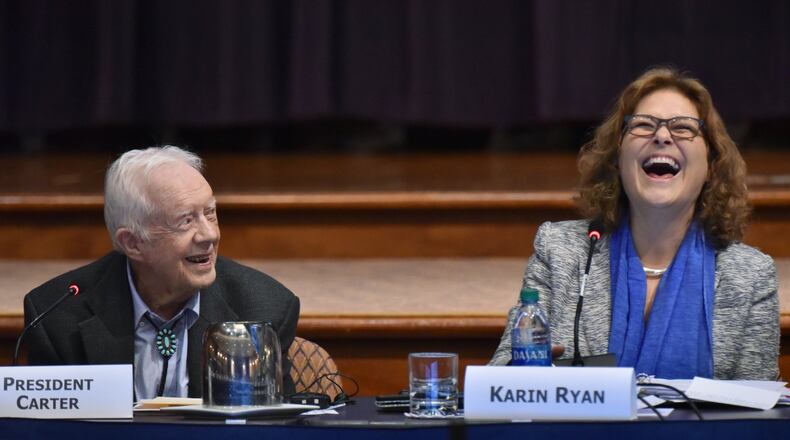 Former President Jimmy Carter and Karin Ryan, senior policy adviser, react during the12th Human Rights Defenders Forum at the Carter Center on Tuesday, October 15, 2019. (Hyosub Shin / Hyosub.Shin@ajc.com)