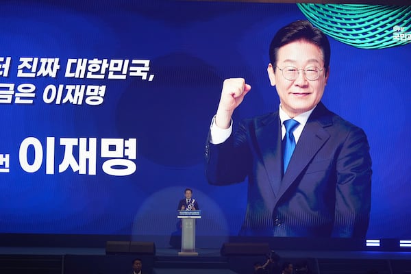 South Korea’s main opposition Democratic Party’s former leader Lee Jae-myung delivers his speech during a party’s convention in Goyang, South Korea Sunday, April 27, 2025. (AP Photo/Lee Jin-man)