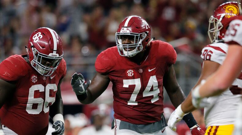 Alabama offensive lineman Cam Robinson (74) said Wednesday of him and his teammates: “We’re probably just like mini-Sabans running around.” (AP Photo/Tony Gutierrez, File)