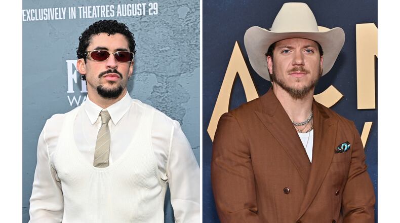 This combination of photos shows Bad Bunny at the premiere of "Caught Stealing" in New York on Aug. 26, 2025, left, and Brandon Lake at the 59th Annual Country Music Association Awards in Nashville, Tenn., on Nov. 19, 2025. (Photos by Evan Agostini/Invision/AP)