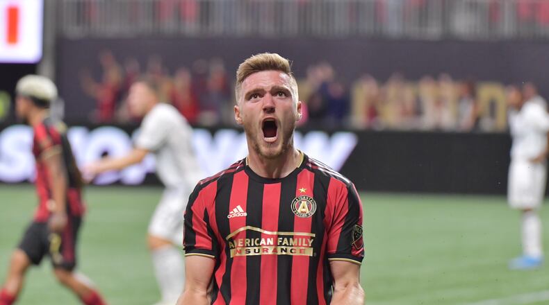 Atlanta United defender Julian Gressel (24) reacts after he scored in the first half during Eastern Conference semifinals Oct. 24, 2019, at Mercedes-Benz Stadium in Atlanta.