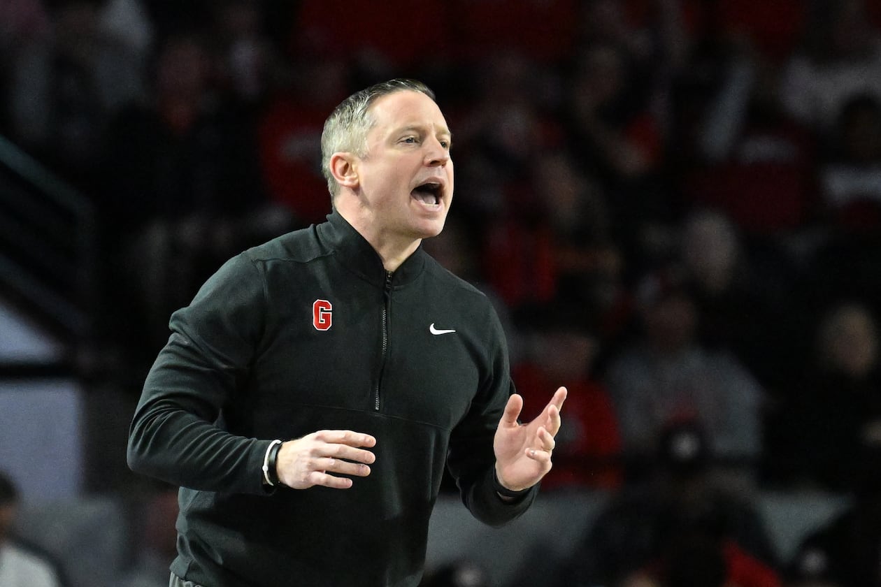 Georgia coach Mike White gives instructions to his players during the first half against Arkansas at Stegeman Coliseum on Saturday, Jan. 17, 2026, in Athens. (Hyosub Shin/AJC)