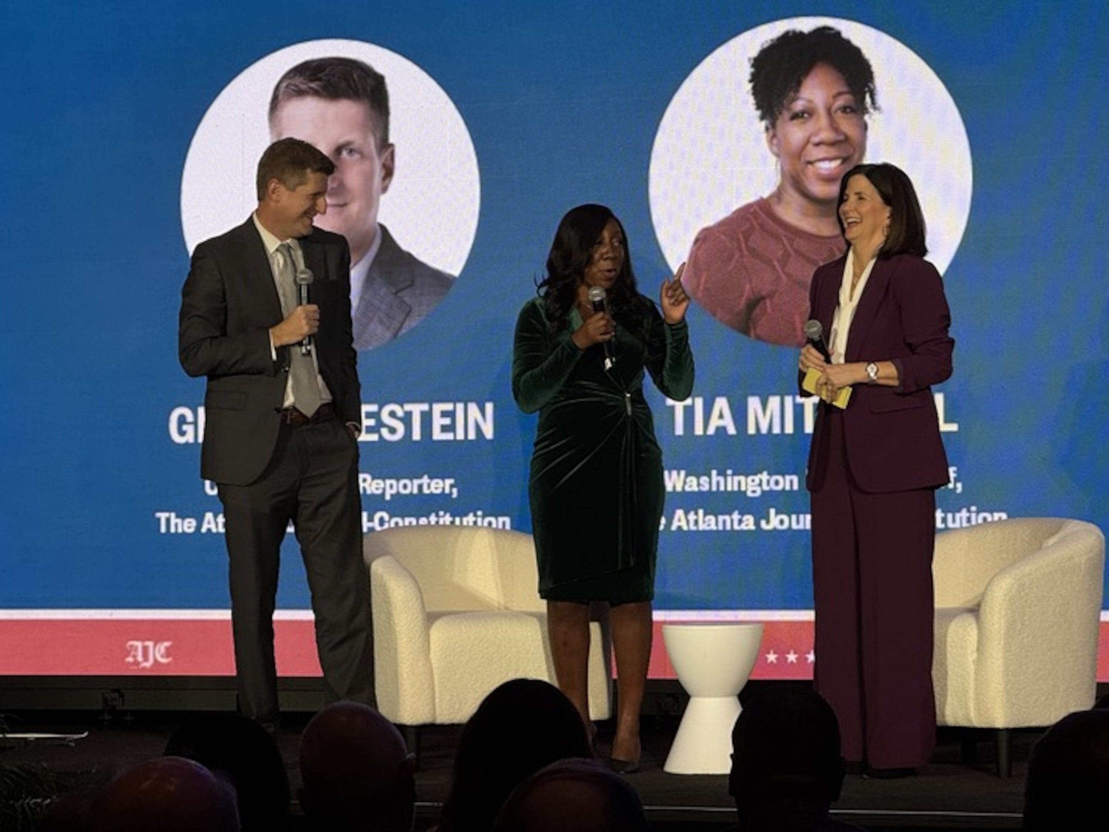 The AJC's Greg Bluestein, Tia Mitchell (center) and Patricia Murphy hosted a Politically Georgia forum for gubernatorial candidates in Atlanta on Wednesday. (Adam Beam/AJC)
