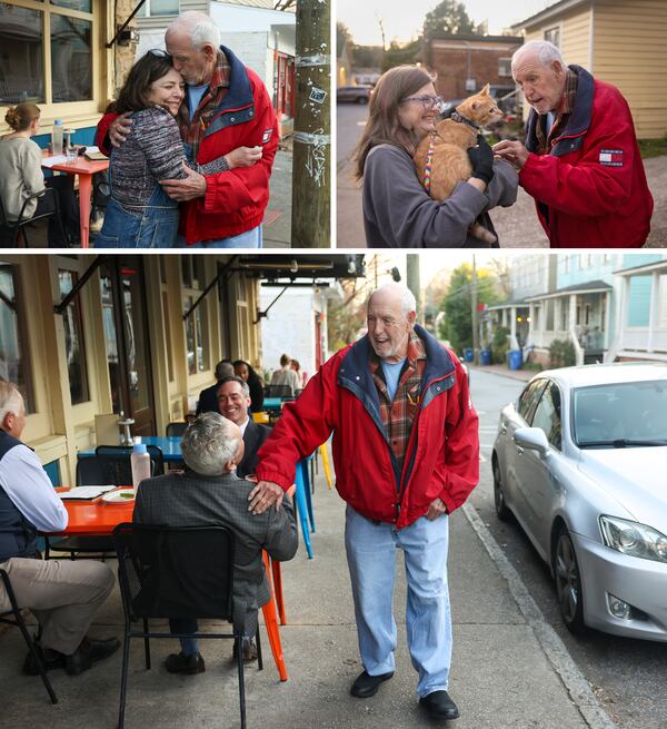 Clockwise from top left: On a stroll through the neighborhood, Marshall Edwards hugs neighbor K. Tauches; meets neighbor Amber Brannon’s new cat, “Herbie;” and greets diners at the Carroll Street Cafe. The neighborhood just east of downtown used to be filled with cotton mill workers. (Jason Getz/AJC)