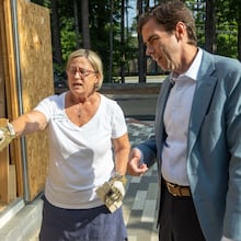 Colin Creel (right), headmaster of Cornerstone Christian Academy in Peachtree Corners talks with woodworking teacher Jennifer Julius. PHIL SKINNER FOR THE ATLANTA JOURNAL-CONSTITUTION