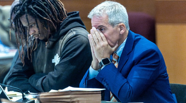 Atlanta rapper Young Thug sits next to his defense attorney Brian Steel during jury selection in the “Young Slime Life” gang case at the Fulton County Courthouse Tuesday, Sept. 26, 2023. (Steve Schaefer/steve.schaefer@ajc.com) (Steve Schaefer/steve.schaefer@ajc.com)