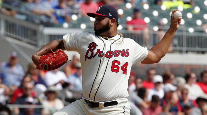 Atlanta Braves starting pitcher Luiz Gohara throws against the Philadelphia Phillies in the first inning of a baseball game in Atlanta, Sunday, Sept. 24, 2017. (AP Photo/Tami Chappell)