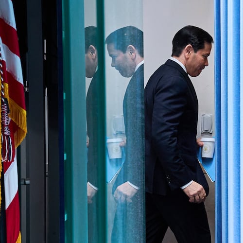 Secretary of State Marco Rubio leaves the room after speaking to the media in the James Brady Press Briefing Room of the White House, Tuesday, May 5, 2026, in Washington. (AP Photo/Jacquelyn Martin)