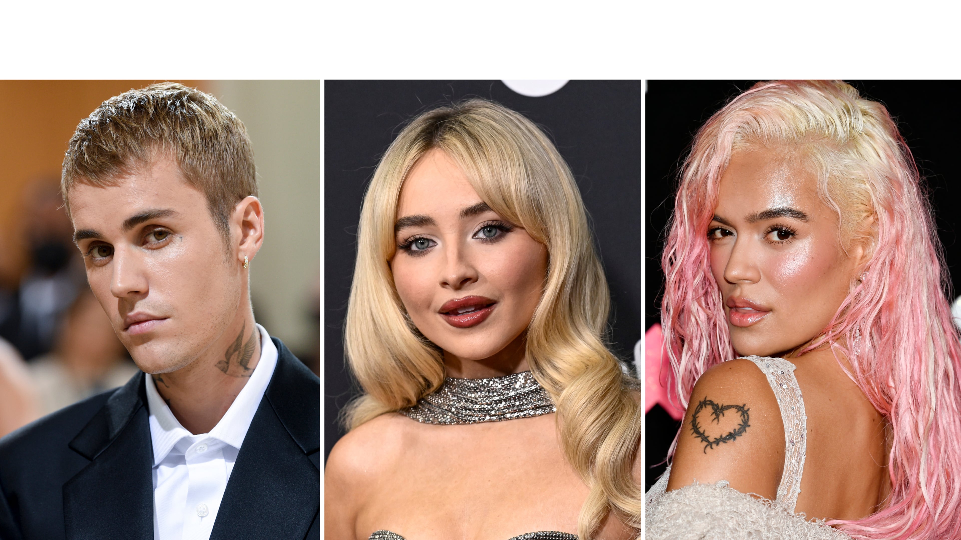 This combination of images shows Justin Bieber, from left, Sabrina Carpenter, and Karol G. (AP Photo)