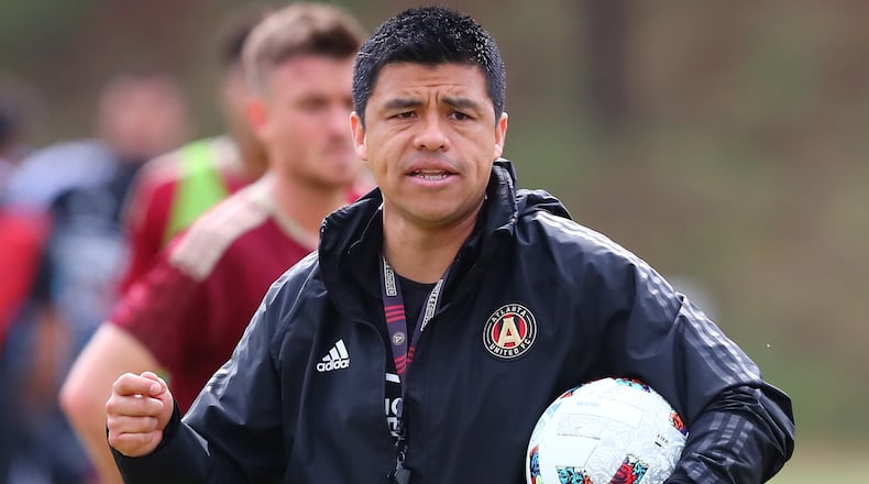 Atlanta United head coach Gonzalo Pineda watches over team practice on Wednesday, Feb. 23, 2022, in Marietta. Curtis Compton / Curtis.Compton@ajc.com