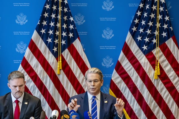 US Trade Representative Jamieson Greer, left, and US Secretary of the Treasury Scott Bessent take part in a press conference after two days of closed-door discussions on trade between the United States and China, in Geneva, Switzerland, Monday, May 12, 2025. (Jean-Christophe Bott/Keystone via AP)
