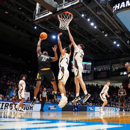 Prairie View A&M guard Lance Williams (12) shoots against Lehigh guard Jalen Vazquez (31) during the first half of a First Four college basketball game in the NCAA Tournament in Dayton, Ohio, Wednesday, March 18, 2026. (AP Photo/Jeff Dean)