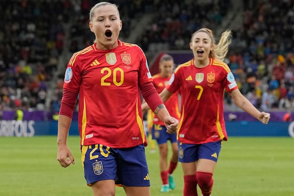 Spain's Claudia Pina celebrates after scoring her side's fifth goal during the Euro 2025, group B, soccer match between Spain and Belgium at Arena Thun in Thun, Switzerland, Monday, July 7, 2025. (AP Photo/Martin Meissner)