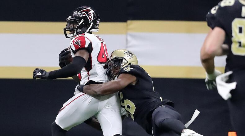 Falcons linebacker Deion Jones intercepted a pass against the Saints in 2017.