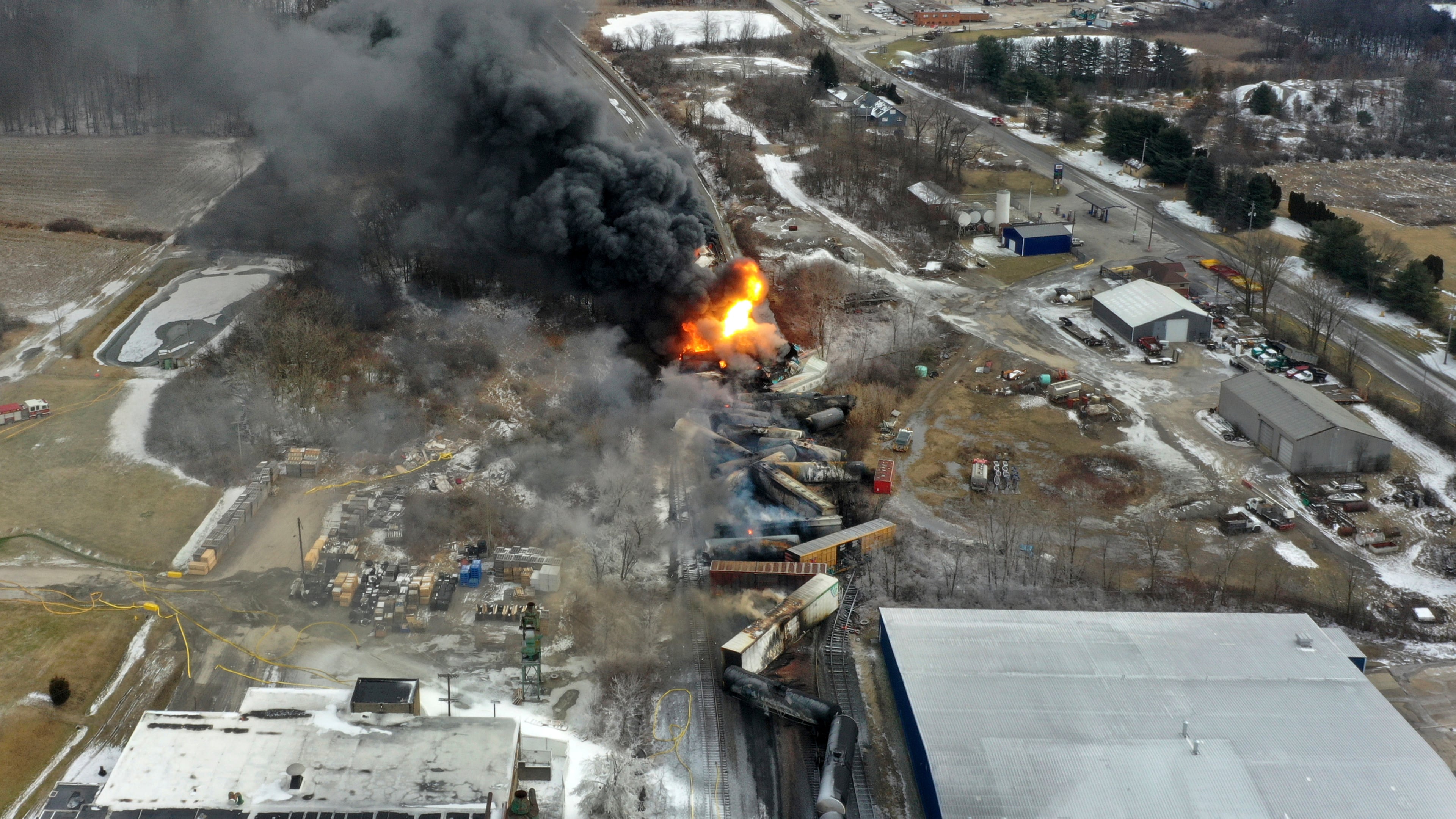 This photo taken with a drone shows portions of a Norfolk and Southern freight train that derailed Friday night in East Palestine, Ohio are still on fire at mid-day Saturday, Feb. 4, 2023. (Gene J. Puskar/AP)
