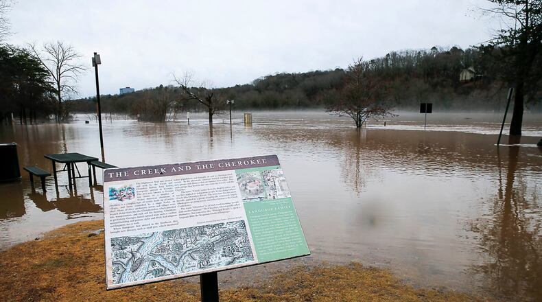 Water from the Chattahoochee River flooded Riverside Park in Roswell in 2018. Roswell’s funding request includes $6.5 million for part of the city’s riverbank restoration project at the former Ace Sand Company site near St. Andrew Catholic Church on Riverside Road. (ALYSSA POINTER/ALYSSA.POINTER@AJC.COM)
