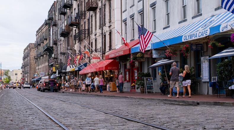 River Street in historic downtown Savannah attracts plenty of tourists. (Rosana Lucia for The Atlanta Journal-Constitution)