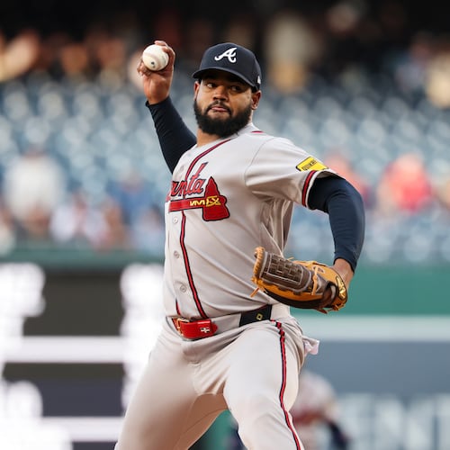 Atlanta Braves pitcher Reynaldo López throws during the first inning of a baseball game against the Washington Nationals, Tuesday, April 21, 2026, in Washington. (AP Photo/Terrance Williams)