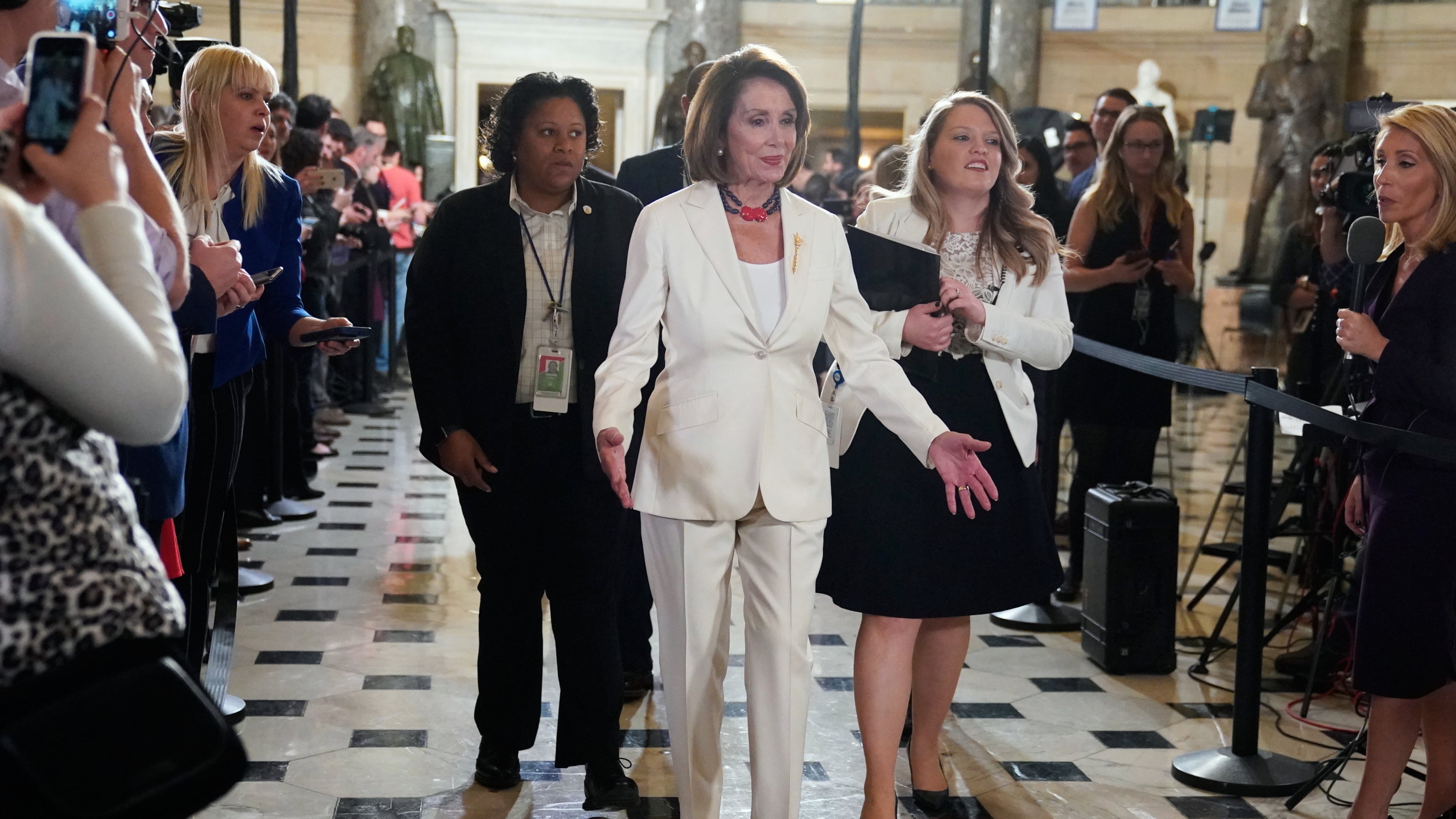 FILE - House Speaker Nancy Pelosi, D-Calif., arrives to listen to President Donald Trump deliver his State of the Union address to a joint session of Congress on Capitol Hill in Washington, Feb. 5, 2019. (AP Photo/Carolyn Kaster, File)