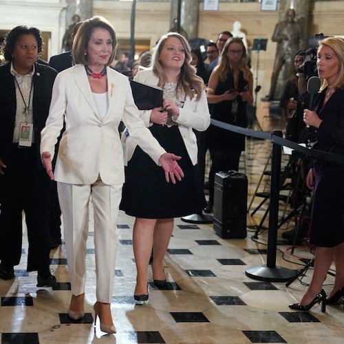 FILE - House Speaker Nancy Pelosi, D-Calif., arrives to listen to President Donald Trump deliver his State of the Union address to a joint session of Congress on Capitol Hill in Washington, Feb. 5, 2019. (AP Photo/Carolyn Kaster, File)