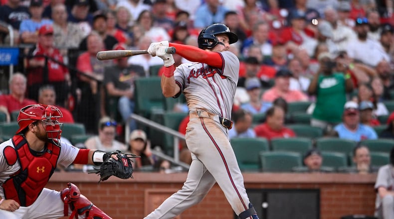 Atlanta Braves' Jarred Kelenic watches his RBI single next to St. Louis Cardinals catcher Pedro Pages during the eighth inning in the second game of a baseball doubleheader Wednesday, June 26, 2024, in St. Louis. (AP Photo/Joe Puetz)