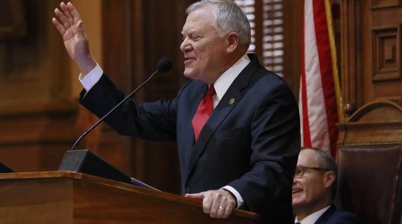 Jan. 11, 2017 - Atlanta - Gov. Deal acknowledges applause as he finishes his speech. Nathan Deal delivered his State of the State address for 2017 before a joint session of the General Assembly. BOB ANDRES /BANDRES@AJC.COM