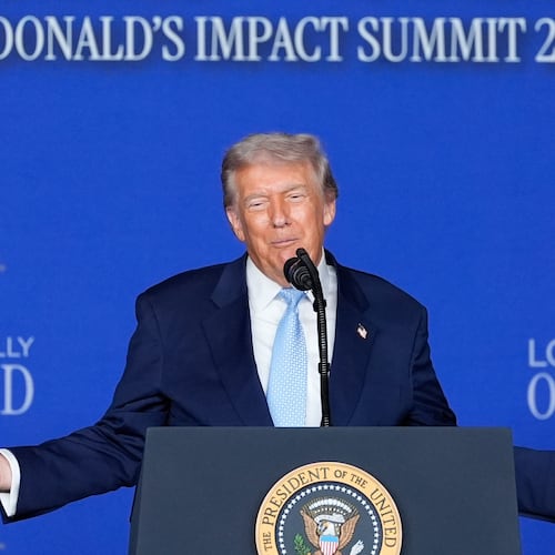 President Donald Trump speaks at the McDonald's Impact Summit, Monday, Nov. 17, 2025, in Washington. (AP Photo/Alex Brandon)
