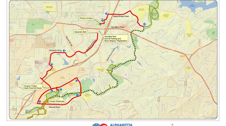 Map depicts the route of the Alpharetta Women’s Half Marathon and 5K Run on Sunday morning, Nov. 4. CITY OF ALPHARETTA
