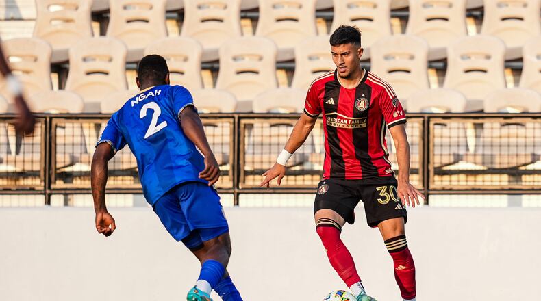 Atlanta United midfielder Nick Firmino #30 dribbles the ball during the US Open Cup match against the Charlotte Independence at Fifth Third Bank Stadium in Kennesaw, GA on Tuesday May 7, 2024. (Photo by Madelaina Polk/Atlanta United)