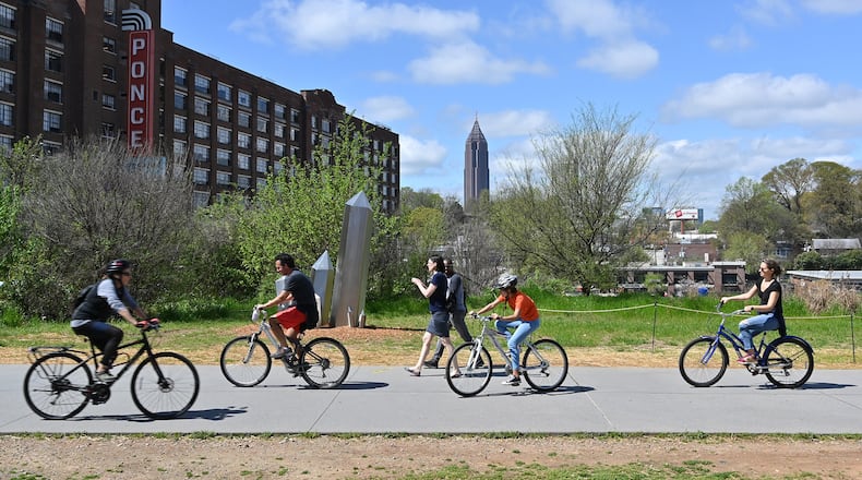 People walk, bike and exercise on Atlanta BeltLine's Eastside Trail on Saturday, March 21, 2020.  (Hyosub Shin / Hyosub.Shin@ajc.com)