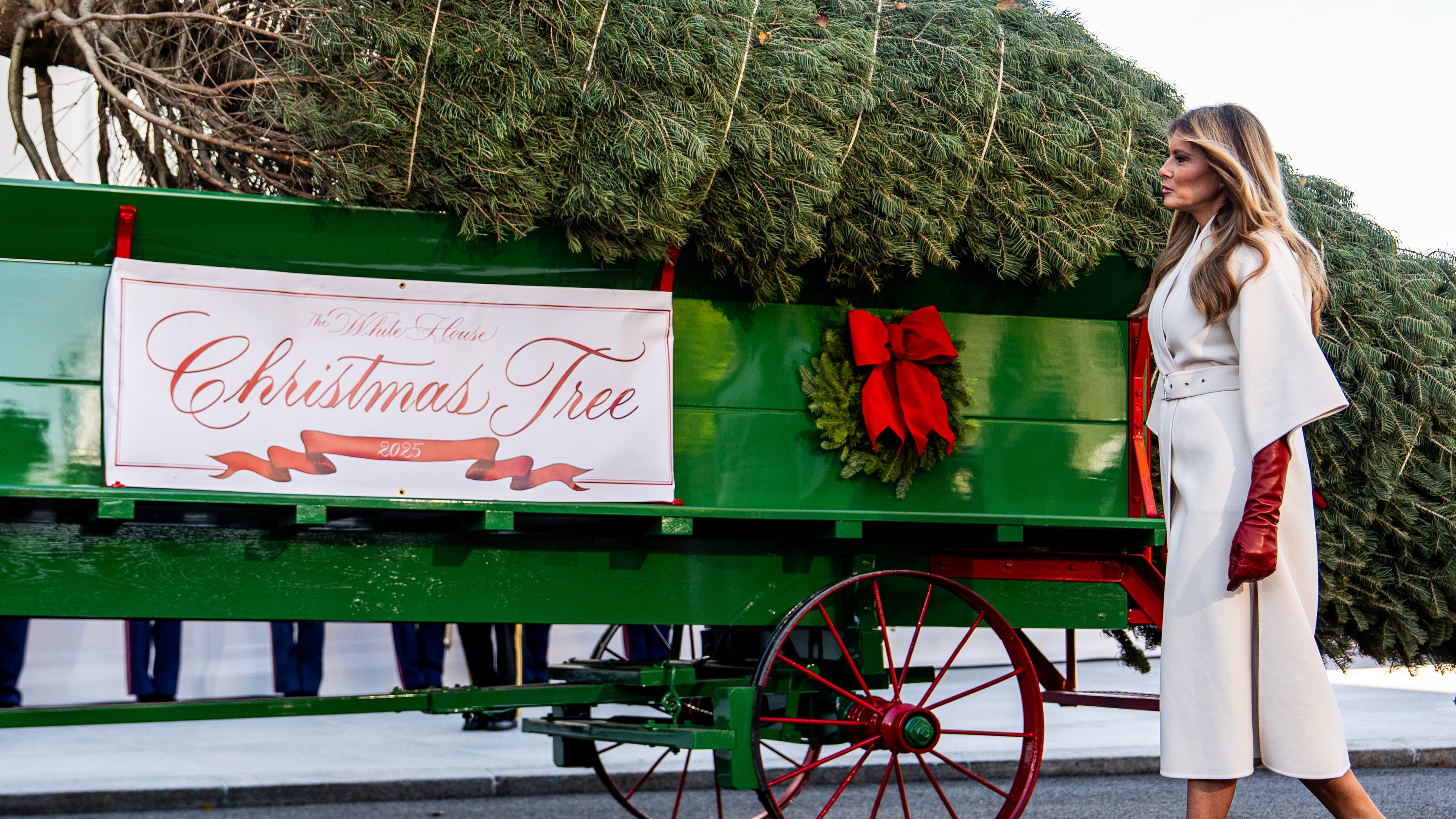 First lady Melania Trump receives the official 2025 White House Christmas Tree, a white fir from Korson's Tree Farms in Michigan, on the North Portico of the White House, Monday, Nov. 24, 2025, in Washington. (AP Photo/Julia Demaree Nikhinson)