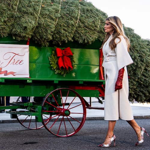 First lady Melania Trump receives the official 2025 White House Christmas Tree, a white fir from Korson's Tree Farms in Michigan, on the North Portico of the White House, Monday, Nov. 24, 2025, in Washington. (AP Photo/Julia Demaree Nikhinson)