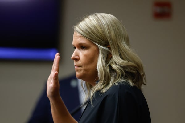 Shayna Aspinwall, wife of Richard Aspinwall, testifies at the plea hearing for Colt Gray, the 16-year-old Apalachee High School shooting suspect, at Barrow County Superior Court in Winder on July 24, 2026. (Arvin Temkar/AJC)