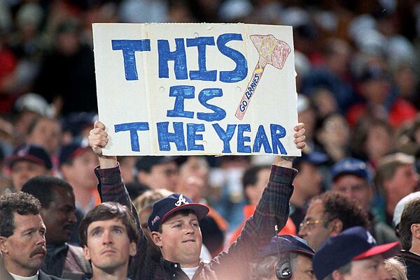 OCTOBER 28, 1995 ATLANTA A Braves fan shows his sign during Game 6. FRANK NEIMEIR/AJC STAFF