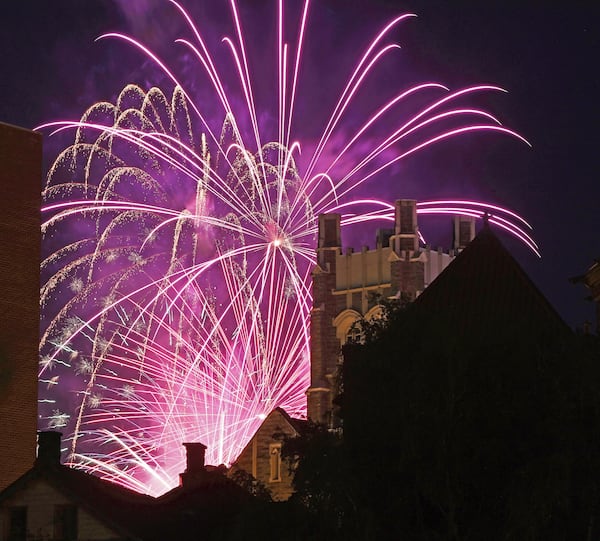 Fireworks light up the skyline behind 1st Lutheran Church in downtown Johnstown, Pa., Thursday, July 3, 2025. (John Rucosky/The Tribune-Democrat via AP)