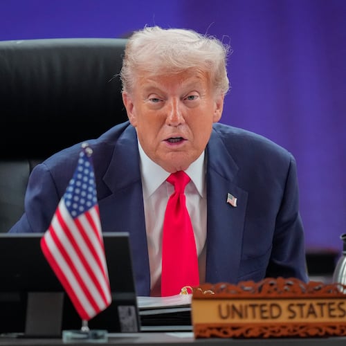 President Donald Trump speaks during the ASEAN US Summit in Kuala Lumpur, Malaysia, Sunday, Oct. 26, 2025. (AP Photo/Vincent Thian, Pool)