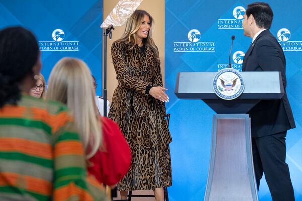 First lady Melania Trump, left, is introduced by Secretary of State Marco Rubio, during the International Women of Courage award ceremony, Tuesday April 1, 2025, at the State Department in Washington. (AP Photo/Jacquelyn Martin)