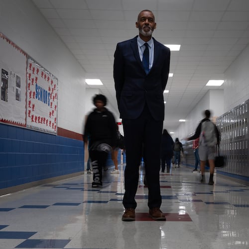 Lackland Independent School District Superintendent Dr. Burnie Roper stands in a hallway at the Virginia Allred Stacey Jr./Sr. High School Monday, Nov. 3, 2025, in San Antonio. (AP Photo/Kin Man Hui)