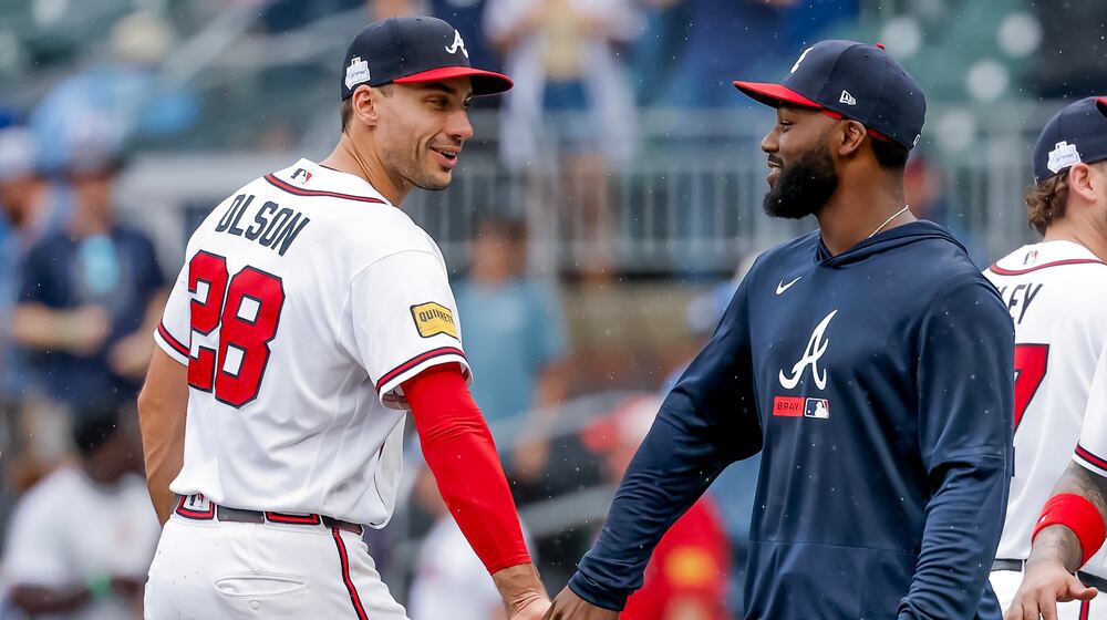 Braves first baseman Matt Olson (left) and outfielder Michael Harris II — pictured celebrating Atlanta's win over the Pirates on Sunday, June 7, 2026 — are among the handful of Braves who seem to be locks to make the All-Star Game. (AP Photo/Erik S. Lesser)