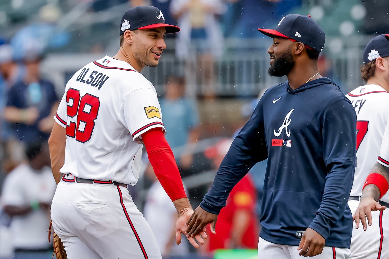 Braves first baseman Matt Olson (left) and outfielder Michael Harris II — pictured celebrating Atlanta's win over the Pirates on Sunday, June 7, 2026 — are among the handful of Braves who seem to be locks to make the All-Star Game. (AP Photo/Erik S. Lesser)