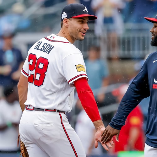 Braves first baseman Matt Olson (left) and outfielder Michael Harris II — pictured celebrating Atlanta's win over the Pirates on Sunday, June 7, 2026 — are among the handful of Braves who seem to be locks to make the All-Star Game. (AP Photo/Erik S. Lesser)