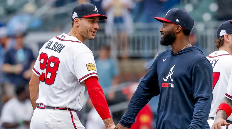 Braves first baseman Matt Olson (left) and outfielder Michael Harris II — pictured celebrating Atlanta's win over the Pirates on Sunday, June 7, 2026 — are among the handful of Braves who seem to be locks to make the All-Star Game. (AP Photo/Erik S. Lesser)