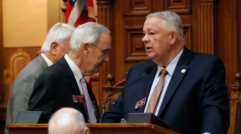3/15/18 - Atlanta - House speaker David Ralston (right) confers with Rules Chairman Rep. John Meadows, R - Calhoun. BOB ANDRES /BANDRES@AJC.COM