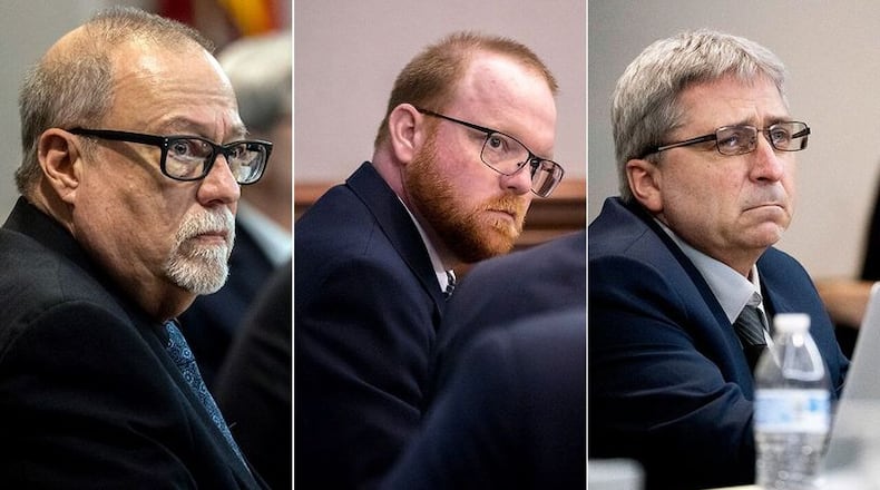 Greg McMichael (from left), Travis McMichael and William "Roddie" Bryan were sentenced Friday for the 2020 murder of Ahmaud Arbery.