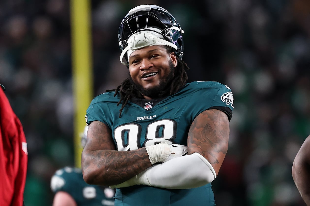 Philadelphia Eagles defensive tackle Jalen Carter (98) looks on between plays during the second half of an NFL wild card playoff football game against the San Francisco 49ers, Sunday, Jan. 11, 2026, in Philadelphia. (Terrance Williams/AP File)