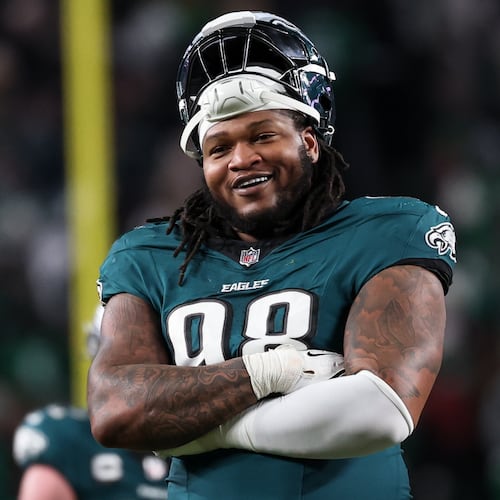 Philadelphia Eagles defensive tackle Jalen Carter (98) looks on between plays during the second half of an NFL wild card playoff football game against the San Francisco 49ers, Sunday, Jan. 11, 2026, in Philadelphia. (Terrance Williams/AP File)