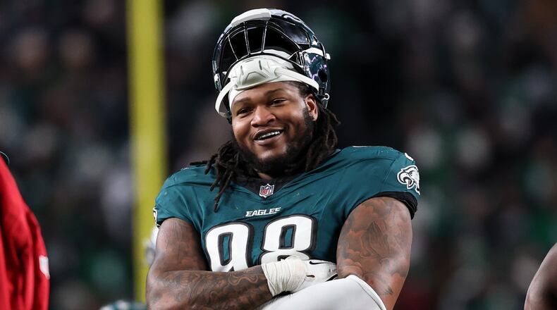 FILE - Philadelphia Eagles defensive tackle Jalen Carter (98) looks on between plays during the second half of an NFL wild card playoff football game against the San Francisco 49ers, Sunday, Jan. 11, 2026, in Philadelphia. (AP Photo/Terrance Williams, File)